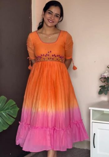 DESIGNER COTTON MAGGAM WORK ONE PIECE ORANGE