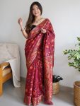 DESIGNER COTTON  SILK JACQUARD WORK SAREE WITH UNSTITCHED BLOUSE MAROON