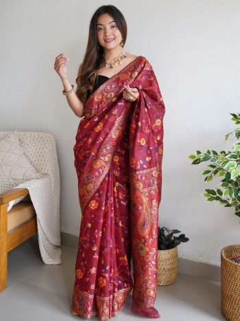 DESIGNER COTTON  SILK JACQUARD WORK SAREE WITH UNSTITCHED BLOUSE MAROON