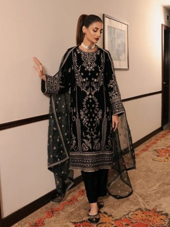 DESIGNER CREPE EMBRIODERY WORK TOP PENT WITH DUPATTA BLACK