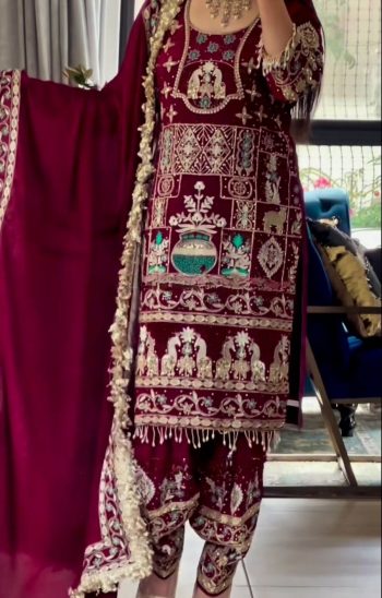 DESIGNER CREPE EMBROIDERY SEQUENCE WORK TOP PATIYALA WITH DUPATTA  MAROON