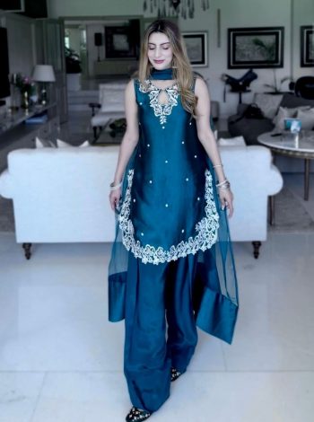 DESIGNER CREPE EMBROIDERY WORK TOP PATIYALA DUPATTA BLUE