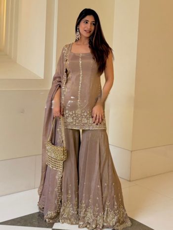 DESIGNER CREPE SILK EMBROIDERY SEQUENCE WORK TOP SHARARA WITH DUPATTA CREAM