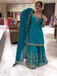 DESIGNER CREPE SILK MOTI, EMBROIDERY, WITH FANCY BORDERS LACE WORK TOP PALAZZO WITH DUPATTA RAMA