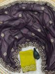 DESIGNER CRUNCHY CHIFFON EMBROIDERY AND BOTH HAND MOTI WORK & DIAMOND WORK SAREE WITH UNSTITCHED BLOUSE PURPLE