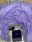 DESIGNER CRUNCHY CHIFFON EMBROIDERY AND BOTH HAND MOTI WORK & DIAMOND WORK SAREE WITH UNSTITCHED BLOUSE LAVENDER