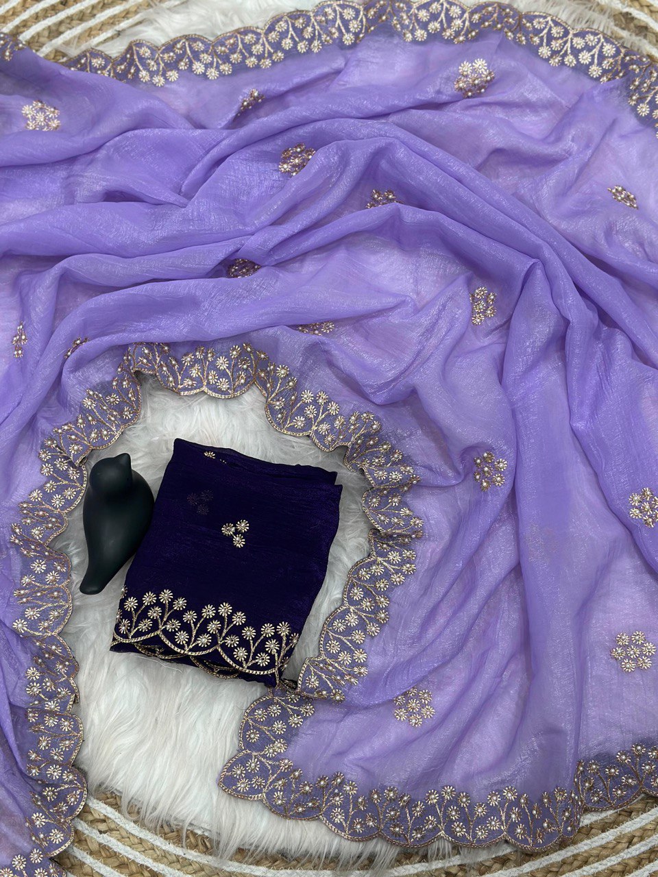 DESIGNER CRUNCHY CHIFFON EMBROIDERY AND BOTH HAND MOTI WORK & DIAMOND WORK SAREE WITH UNSTITCHED BLOUSE PARTY WEAR WHOLESALE PRICE ETHNIC GARMENT (17)