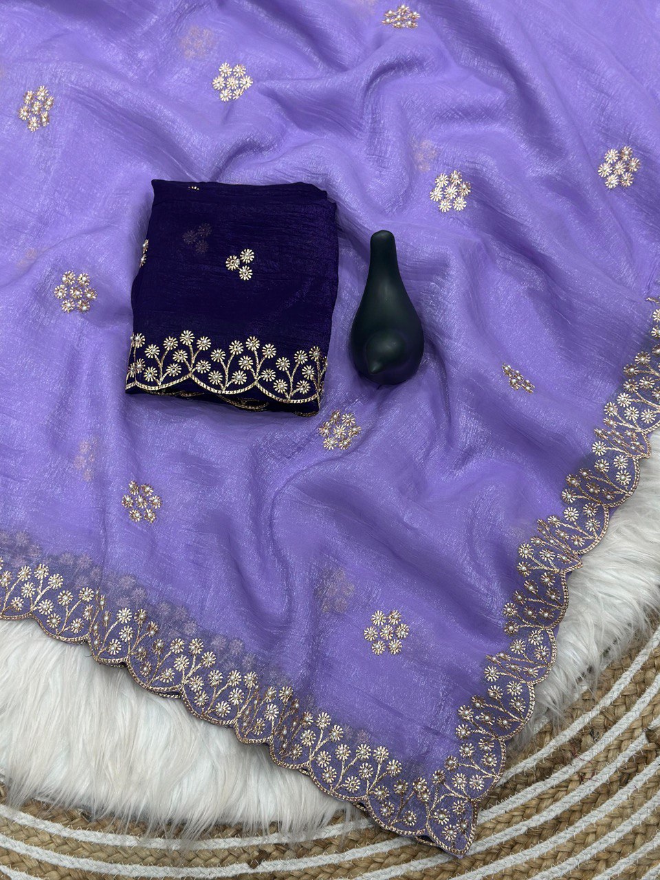 DESIGNER CRUNCHY CHIFFON EMBROIDERY AND BOTH HAND MOTI WORK & DIAMOND WORK SAREE WITH UNSTITCHED BLOUSE PARTY WEAR WHOLESALE PRICE ETHNIC GARMENT (18)