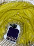 DESIGNER CRUNCHY CHIFFON EMBROIDERY AND BOTH HAND MOTI WORK & DIAMOND WORK SAREE WITH UNSTITCHED BLOUSE LEMON