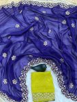 DESIGNER CRUNCHY CHIFFON EMBROIDERY AND BOTH HAND MOTI WORK & DIAMOND WORK SAREE WITH UNSTITCHED BLOUSE BLUE