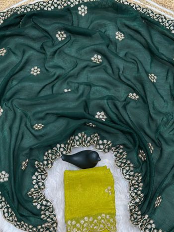 DESIGNER CRUNCHY CHIFFON EMBROIDERY AND BOTH HAND MOTI WORK & DIAMOND WORK SAREE WITH UNSTITCHED BLOUSE GREEN