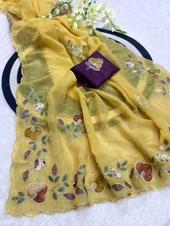 DESIGNER CRUNCHY CHIFFON MULTI COLOR PATCH AND HANDWORK BORDER SAREE WITH UNSTITCHED BLOUSE YELLOW