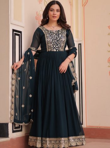 DESIGNER FAUX BLOOMING EMBROIDERY ZARI SEQUENCE WORK GOWN WITH DUPATTA NAVY BLUE