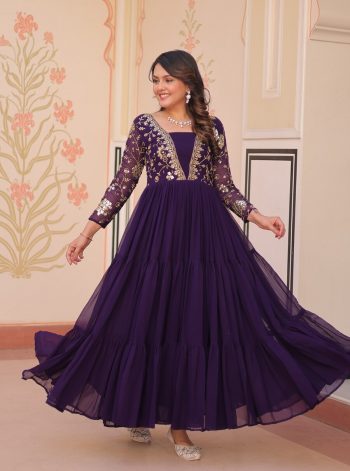 DESIGNER FAUX BLOOMING SEQUENCE & ZARI EMBROIDERY WORK GOWN PURPLE