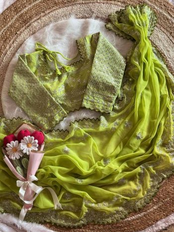 DESIGNER FAUX GEORGETTE JARI AND SEQUENCE EMBROIDERY WORK SAREE WITH STITCHED BLOUSE GREEN