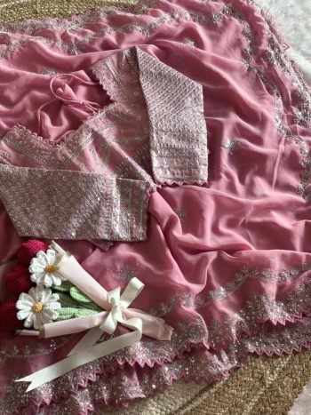 DESIGNER FAUX GEORGETTE JARI AND SEQUENCE EMBROIDERY WORK SAREE WITH STITCHED BLOUSE PINK