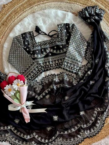 DESIGNER FAUX GEORGETTE JARI AND SEQUENCE EMBROIDERY WORK SAREE WITH STITCHED BLOUSE BLACK