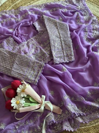 DESIGNER FAUX GEORGETTE JARI AND SEQUENCE EMBROIDERY WORK SAREE WITH STITCHED BLOUSE LAVENDER