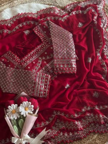 DESIGNER FAUX GEORGETTE JARI AND SEQUENCE EMBROIDERY WORK SAREE WITH STITCHED BLOUSE RED