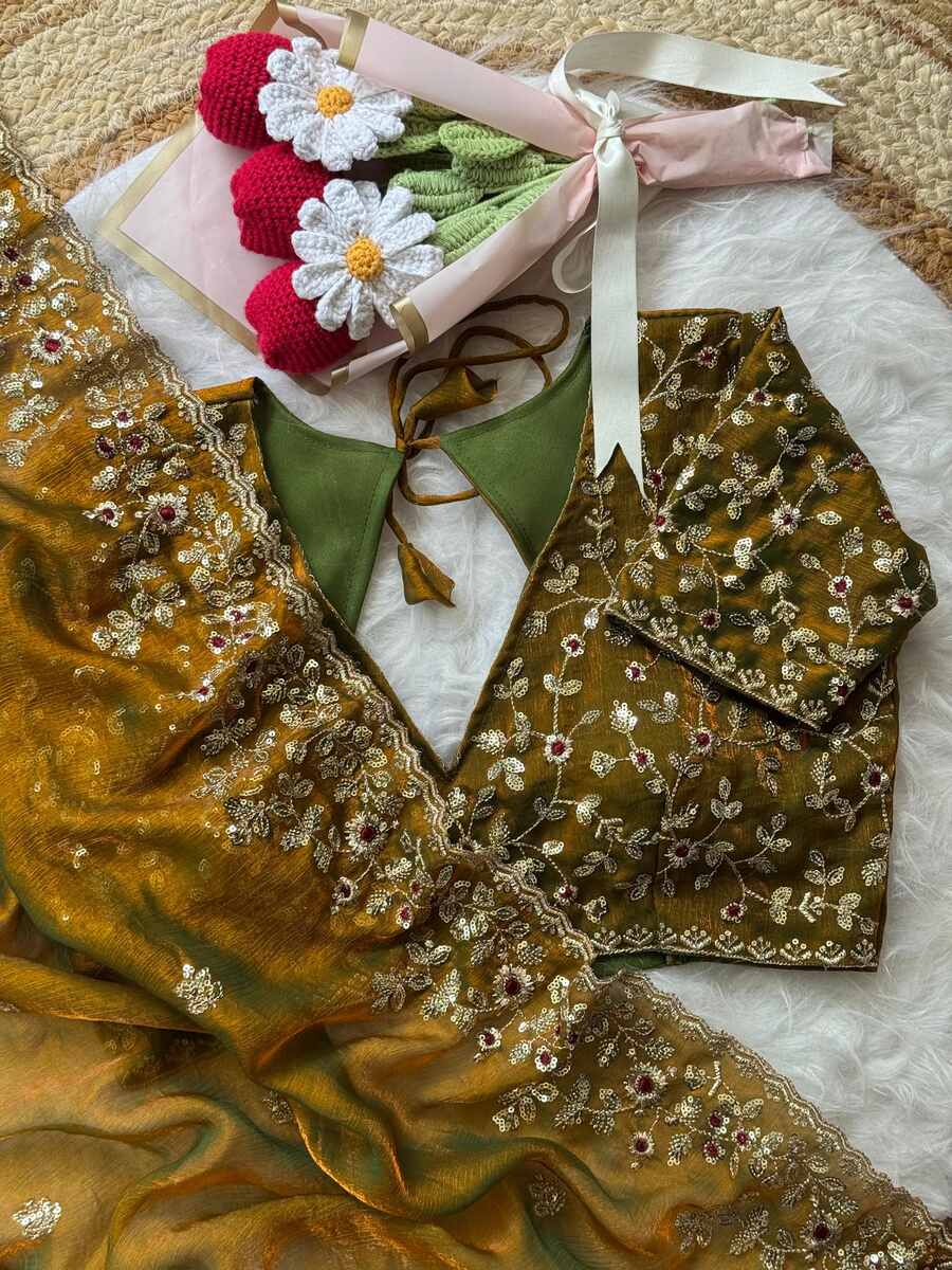 DESIGNER FENDY CHIFFON EMBROIDERY SEQUENCE AND THREAD WORK AND SCALLOP BORDER WORK SAREE WITH STITCHED BLOUSE PARTY WEAR WHOLESALE PRICE ETHNIC GARMENT (11)
