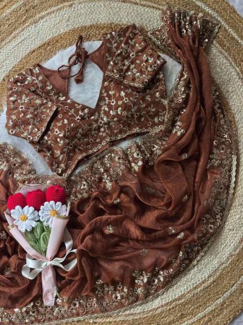 DESIGNER FENDY CHIFFON EMBROIDERY SEQUENCE AND THREAD WORK AND SCALLOP BORDER WORK SAREE WITH STITCHED BLOUSE CHIKU