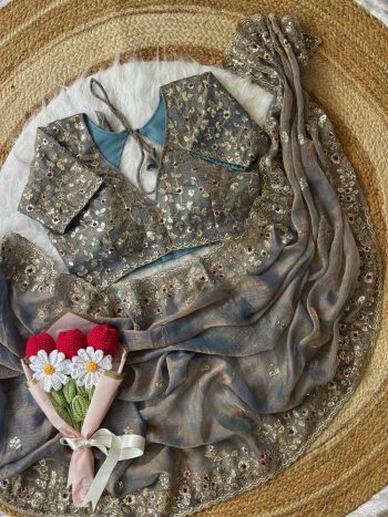 DESIGNER FENDY CHIFFON EMBROIDERY SEQUENCE AND THREAD WORK AND SCALLOP BORDER WORK SAREE WITH STITCHED BLOUSE GREY