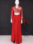 DESIGNER FENDY SATIN SILK EMBROIDERY BEADS SEQUENCE WORK STITCHED BLOUSE WITH DHOTI STYLE DRAPE SKIRT RED