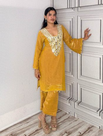 DESIGNER FENDY SILK CODED  EMBROIDERY & ORIGINAL MIRROR WORK WITH LACE WORK KURTI PALAZZO SET YELLOW