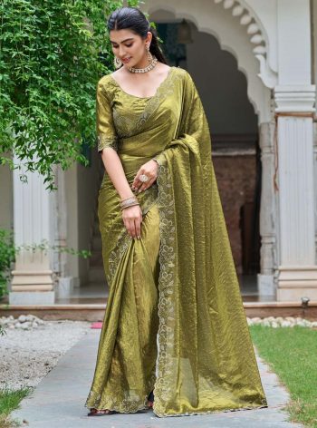 DESIGNER FENDY SILK DIAMOND WORK SAREE WITH UNSTITCHED BLOUSE  MEHNDI