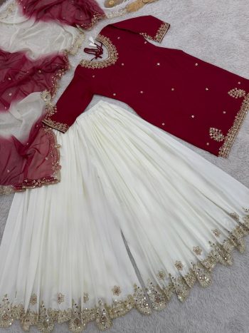 DESIGNER FRENCH CREPE EMBROIDERY SEQUENCE WORK TOP PALAZZO WITH DUPATTA  MAROON