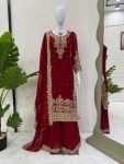 DESIGNER GEORGETTE CODING AND SEQUENCE WITH RIVET MOTI WORK TOP PALAZZO WITH DUPATTA MAROON