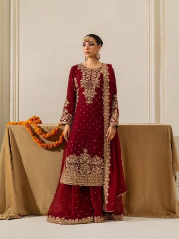 DESIGNER GEORGETTE CODING SEQUENCE  AND MOTI WORK TOP PALAZZO WITH DUPATTA RED