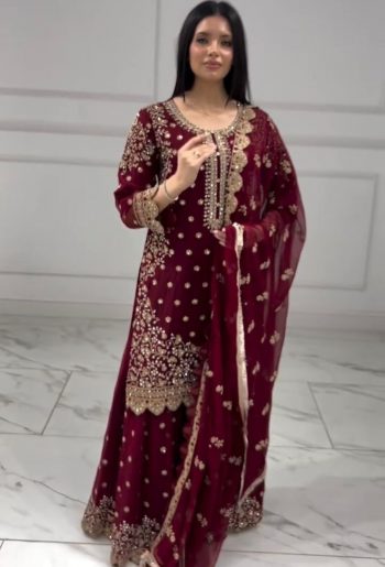DESIGNER GEORGETTE EMBROIDERY AND SEQUENCE WORK WITH CUT WORK TOP PALAZZO WITH DUPATTA MAROON