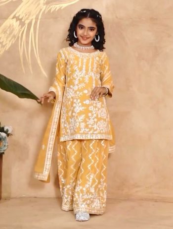 DESIGNER GEORGETTE EMBROIDERY CHAIN WORK WITH DIAMOND HAND WORK KID'S TOP PALAZZO WITH DUPATTA YELLOW