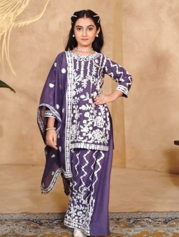 DESIGNER GEORGETTE EMBROIDERY CHAIN WORK WITH DIAMOND HAND WORK KID'S TOP PALAZZO WITH DUPATTA PURPLE