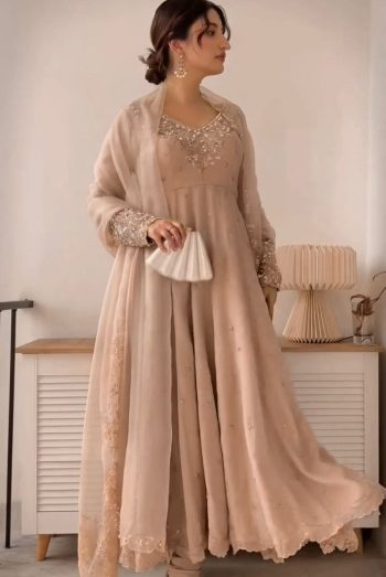 DESIGNER GEORGETTE EMBROIDERY RAMBO SEQUENCE WITH MOTI WORK GOWN BOTTOM WITH DUPATTA CREAM