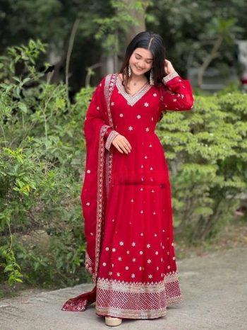 DESIGNER GEORGETTE EMBROIDERY SEQUENCE WORK GOWN BOTTOM WITH DUPATTA RED