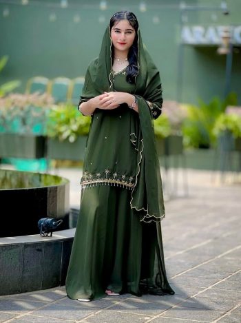 DESIGNER GEORGETTE EMBROIDERY SEQUENCE WORK TOP PALAZZO WITH DUPATTA GREEN