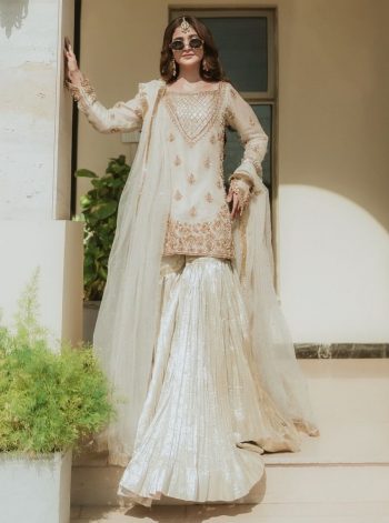 DESIGNER GEORGETTE EMBROIDERY WORK TOP SHARARA WITH DUPATTA OFF WHITE