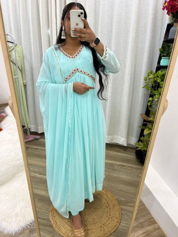 DESIGNER GEORGETTE HANDWORK ALIIA CUT GOWN BOTTOM WITH DUPATTA SKY