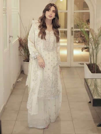 DESIGNER GEORGETTE REAL HAND STONE AND SEQUENCE EMBROIDERY WORK TOP PALAZZO WITH DUPATTA WHITE