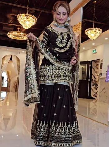 DESIGNER GEORGETTE SEQUENCE EMBROIDERY WORK AND MOTI WORK TOP SHARARA WITH DUPATTA BLACK