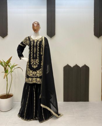 DESIGNER GEORGETTE SEQUENCE EMBROIDERY WORK TOP SHARARA WITH DUPATTA BLACK