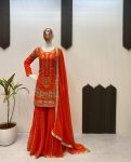 DESIGNER GEORGETTE SEQUENCE EMBROIDERY WORK TOP SHARARA WITH DUPATTA ORANGE