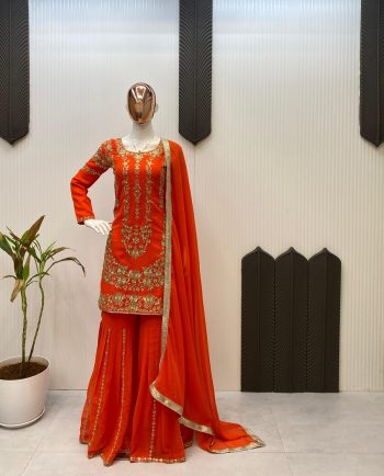 DESIGNER GEORGETTE SEQUENCE EMBROIDERY WORK TOP SHARARA WITH DUPATTA ORANGE
