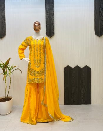 DESIGNER GEORGETTE SEQUENCE EMBROIDERY WORK TOP SHARARA WITH DUPATTA YELLOW