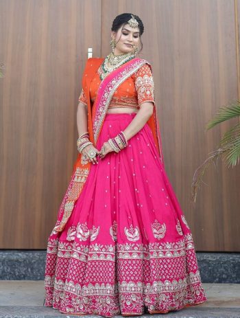 DESIGNER GEORGETTE THREAD WITH SEQUENCE WORK LEHENGA CHOLI WITH TWO DUPATTA PINK