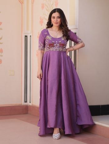 DESIGNER GOLD CRUSH BEADS EMBROIDERY WORK GOWN PURPLE