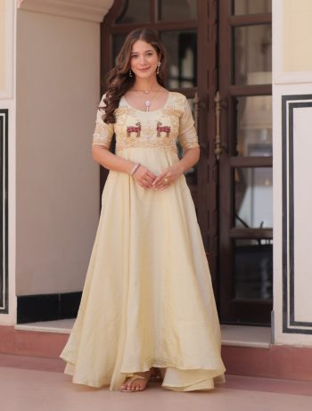 DESIGNER GOLD CRUSH BEADS EMBROIDERY WORK GOWN OFF WHITE