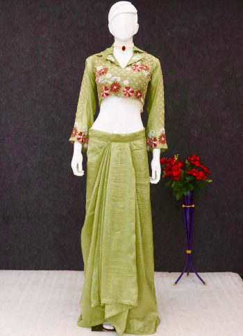 DESIGNER GOLD CRUSH EMBROIDERY BEADS SEQUENCE WORK STITCHED BLOUSE WITH DHOTI STYLE DRAPE SKIRT GREEN